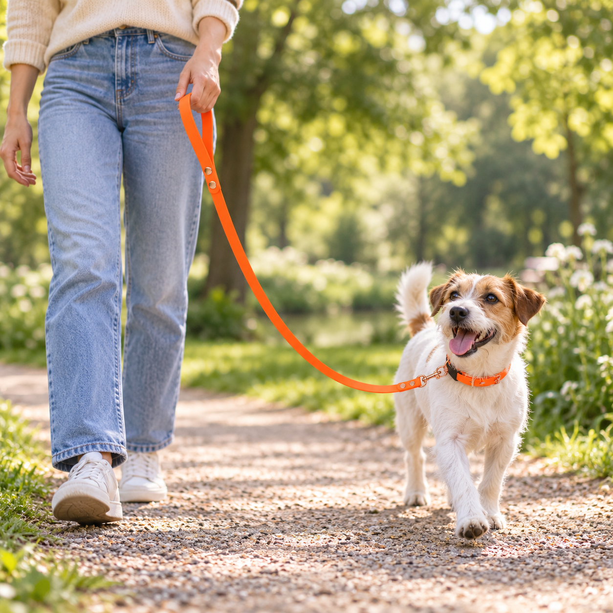 Wandelen met de oranje Happy Vida hondenriem